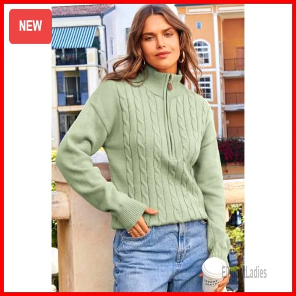 Quarter Zip Ribbed Cable Knit Pullover Sweater Casual Winter Wear